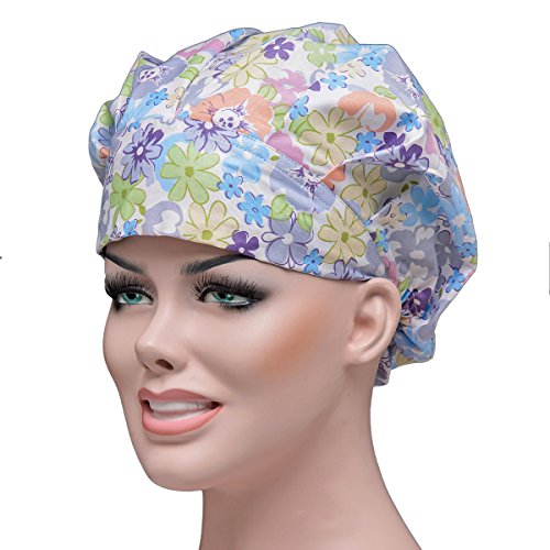 YOOBNG Women Scrub Bouffant Hat Cap Adjustable Classic Beauty Print Floral Cute One Set