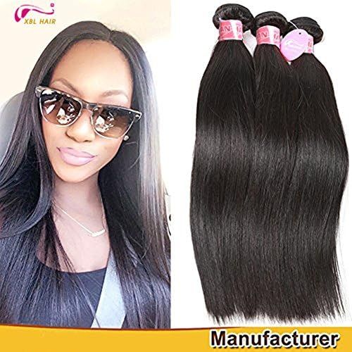 XBLHAIR 100% Brazilian Remy Virgin Human Hair Weave 7A Grade Straight Hair Extensions 3 Bundles Deals Black (10 12 14) 95-100g/pc