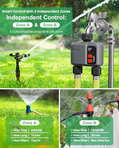johgee 2 Way WiFi Irrigation Timer with RF 300M Technology, WiFi Irrigation Control, Compatible with Alexa & App, Watering Timer with 2 Modes & Rain Delay for Garden, Lawn