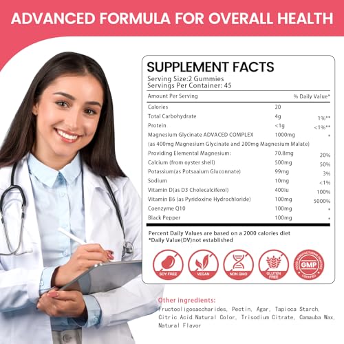 Magnesium Glycinate Gummies 1000mg, High Absorption Sugar Free Magnesium Potassium Supplement for Relaxation, Stress Relief, and Sleep Support for Adults & Kids - 90 Raspberry Gummies
