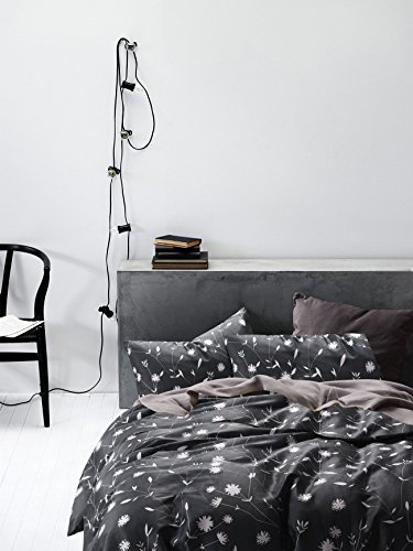 Dark Gray Duvet Cover Set, 100% Cotton Bedding, White Floral Flowers and Tree Branches Leaves Pattern Printed on Grey, with Zipper Closure (3pcs, King Size)