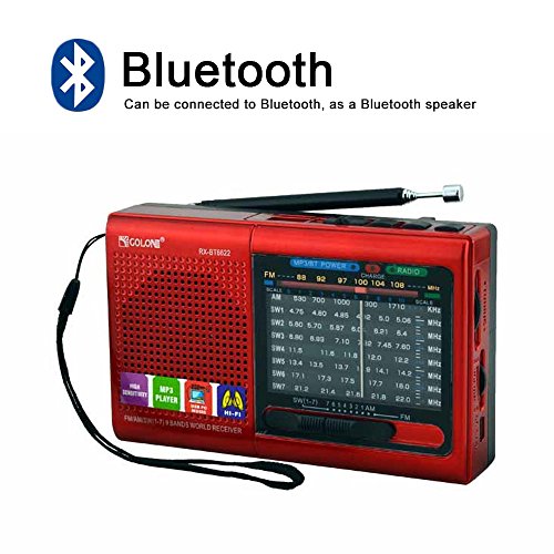FM / AM / SW (1-7) 9-wave band Smart-US rechargeable portable professional radio that can be used as MP3 and speakers by connecting Bluetooth, USB sticks and memory cards (Red)