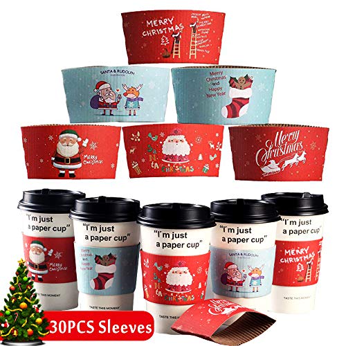 30PCS Christmas Coffee Cup Tea Cup Sleeves, 12 oz 16 oz Hot Cold Drinkware Sleeves Santa Claus,Stocking,Reindeer Christmas Party Supplies Decorations