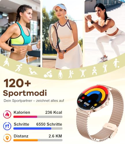 ESFOE Reloj Inteligente Mujer,1.43" AMOLED Smartwatch Mujer con Llamadas/24H Sueño/Pulsómetro/SpO2,Función Femenina 120 Modos Deportivos IP68 Pulsera Actividad Calorías Podómetro Android iOS Oro Rosa