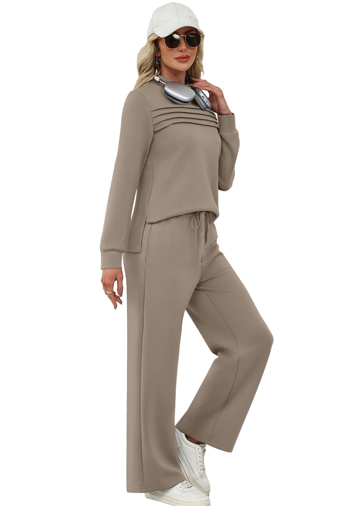 WIHOLL Two Piece Sets for Women Fall Travel Vacation Outfits Long Sleeve Lounge Sets Side Slit Wide Leg Pants S-3XL