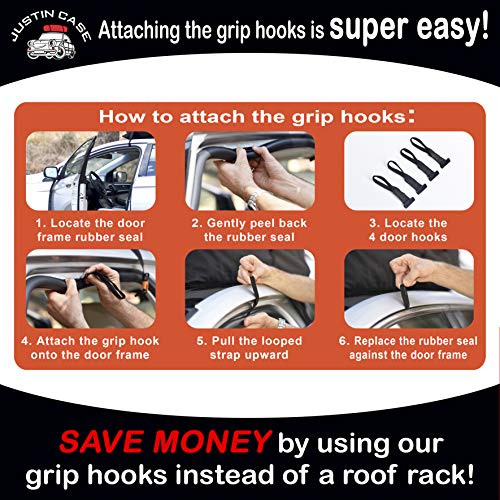 Justin Case Rooftop Cargo Hooks and Tie Down Straps - Ultimate Car Roof Storage System - Sturdy and Safe - Four Stainless Steel Hooks - Two 197-Inch (16'-5") Long, 1-Inch Wide Car Rooftop Straps