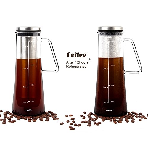Cold Brew Coffee Maker AmoVee 1L (34oz) Airtight Borosilicate Glass Carafe Tea Infuser Pitcher with Removable Stainless Steel Filter for Coffee or Tea Brewing