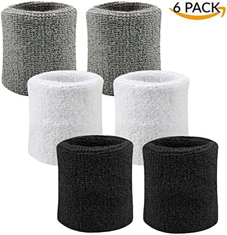 Sweatband Headbands Athletic Wristband Set, Sweat Absorbing Sport Headband Non Slip for Men Women Running, Basketball, Football, Tennis, Cardio, Gym Exercise, Workout (Wristbands 6pcs - 2BK+2GR+2WH)