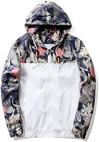 Mens Floral Printed Windbreaker Light Weight Zip Hooded Jackets Coat Outwear White L