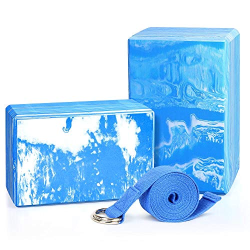 QF Yoga Blocks Plus Yoga Strap with Metal D-Ring, 9″x6″x4″ 2 Pack Eco-Friendly EVA Foam Block – High Density Exercise Brick Soft Non-Slip Surface for Yoga, Pilates, Meditation, Workout, Fitness & Gym