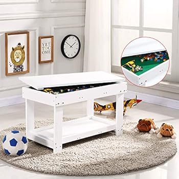 YouHi Kids Activity Table with Board for Bricks Activity Play Table (White Double Table)