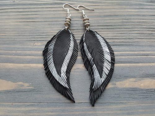 Boho Chic Earrings Leather Feather Earrings 3rd Anniversary Gift For Her Boho Silver Jewelry Leather Anniversary Large Bohemian Earrings.