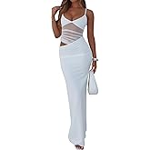 EYNMIN Women's V Neck Bodycon Maxi Dress Spaghetti Strap Cut Out Slit Long Formal Cocktail Party Wedding Guest Dresses