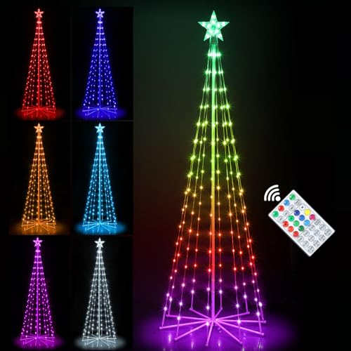 Photo 1 of OUSHENG Multicolor LED Outdoor Christmas Tree Light Show Decorations, 34 Animated Modes Outside Lighted Cone Xmas Decor with Star Toppers Remote for Yard Porch Backyard Patio, 6ft