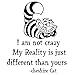 ANBER Alice in Wonderland Wall Decals Quote Cheshire Cat I Am Not Crazy My Reality is Just Different Than Yours Vinyl Wall Sticker Living Room Bedroom Wall Decals Home Decor