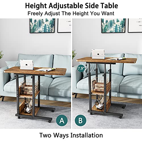 Height Adjustable Side Table, 32 Inch C Shaped End Table with Storage