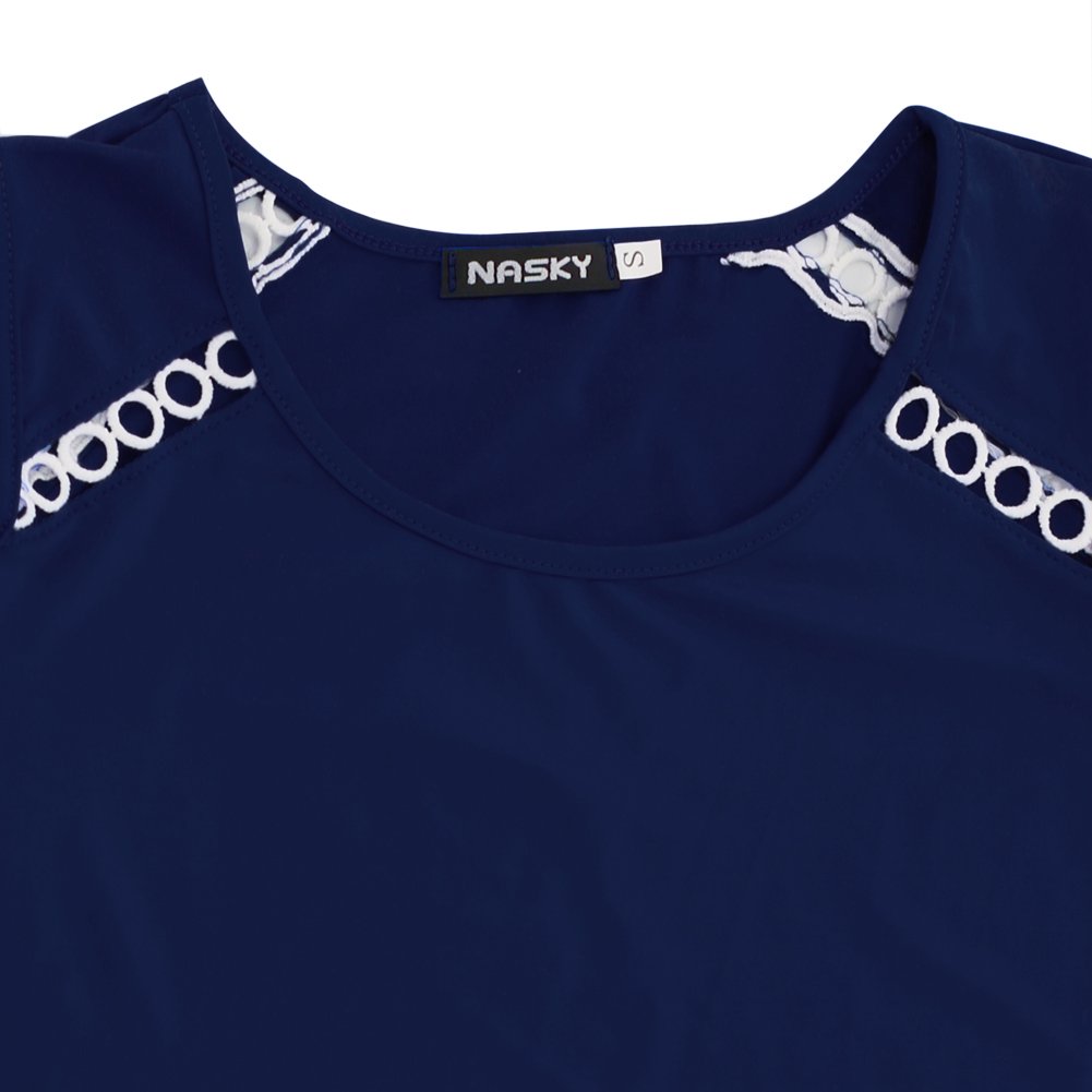 NASKY Women\'s Short Sleeve Casual Cold Shoulder Tops Round Neck Loose Blouse (Small, Dark Blue)