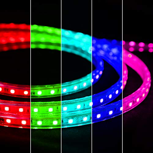 Brillihood Flexible LED RGB Rope Light Strip, Multi Color Changing SMD 5050 LEDs, 110-120V AC, Dimmable, Waterproof, Indoor/Outdoor Rope Lighting + Remote Controller - (50m/164ft)