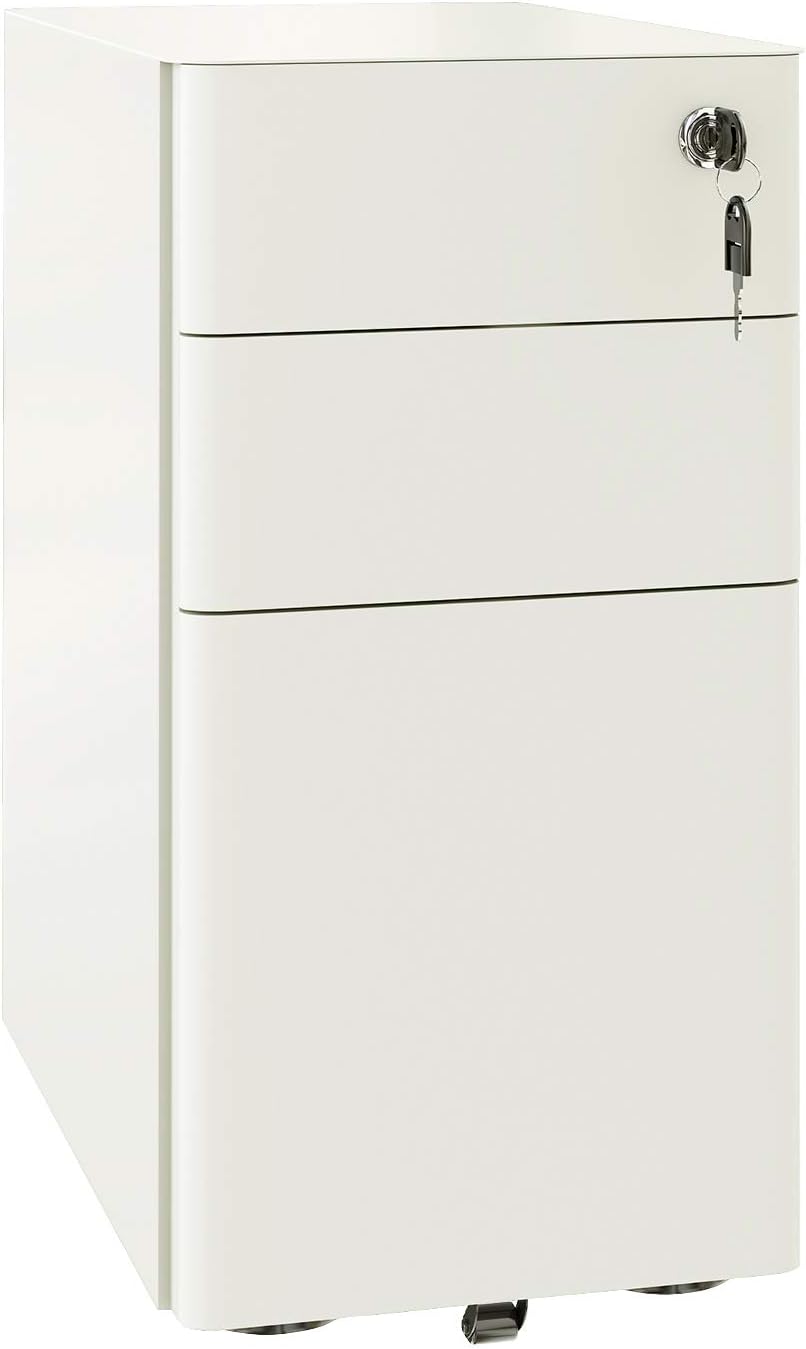 REYADE 3 Drawer Mobile File Cabinet, Slim Metal Office Storage Cabinet with Lock, Under Desk Office Pedestal File Cabinet, Fully Assembled, Suitable for Legal/Letter/A4 File, White: Kitchen & Dining