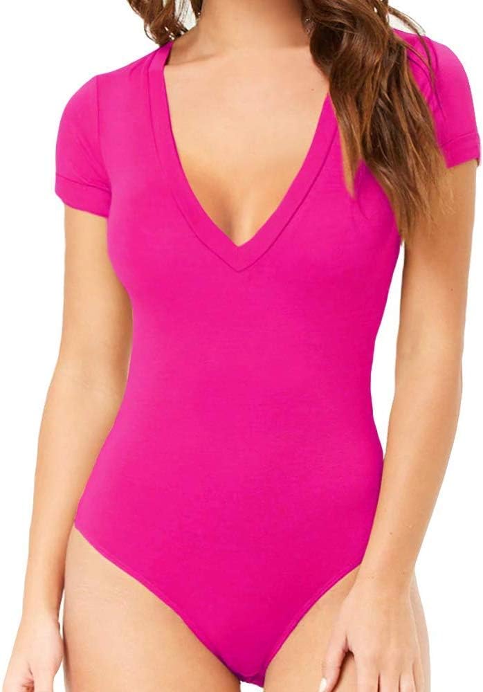 ELEVANTO Women's Cotton Plain Bodysuit (V-Neck)(Pink)(XL)