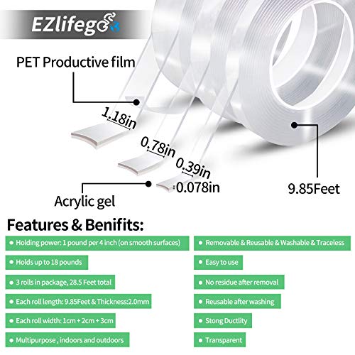 EZlifego Double Sided Tape Heavy Duty （Pack of 3）,Multipurpose Wall