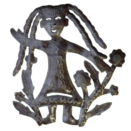 Le Primitif Galleries Haitian Recycled Steel Oil Drum Outdoor Decor, 10 by 10-Inch, Happy Girl