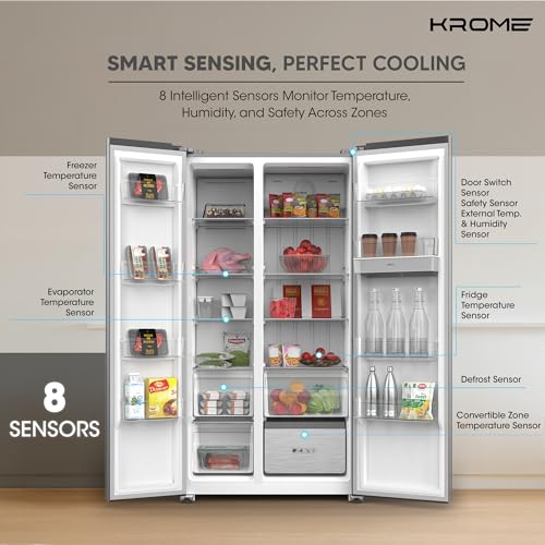 Krome 820L Gross Side-by-Side Refrigerator, 595L Net Capacity, No Frost, Inverter Compressor, Quick Cooling & Freezing, LED Touch Control, Twist Ice Maker, Dark INOX Metal Doors, KR-SBS 820WIH