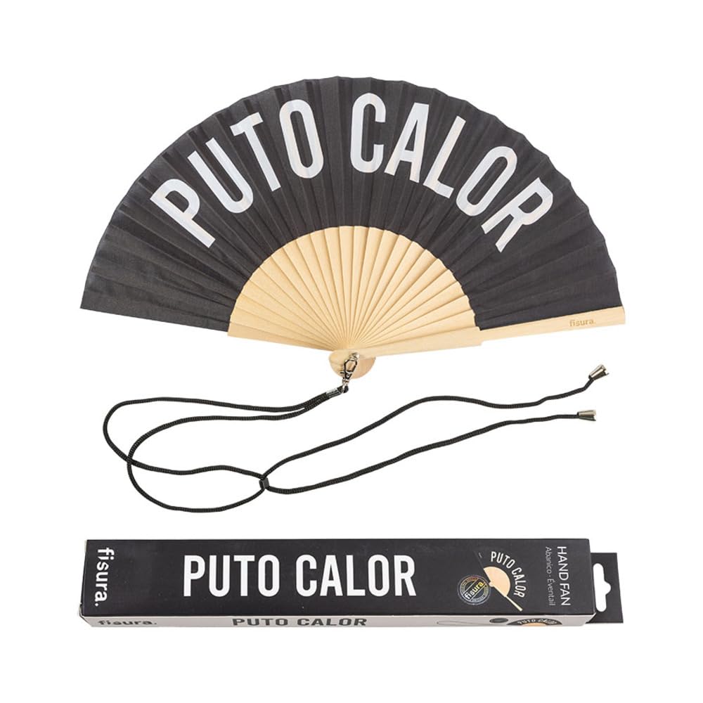Fisura - Original handheld folding fan with the message in Spanish. Wooden fan. Original holding Hand Fans. Fan with hanger included (Calor, black) — image 1
