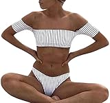 Pinkyee shoulder Striped Bikini Swimsuit