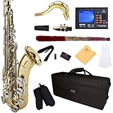 Mendini by Cecilio MTS-LN+92D Gold Lacquer with Nickel Plated Keys B Flat Tenor Saxophone with Tuner, Case, Mouthpiece, 10 Reeds and More