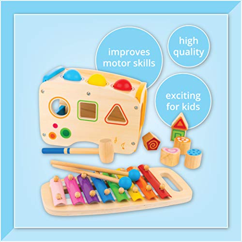 Hammering & Pounding Wooden Toy for Toddlers - Shape Sorter, Xylophone & Montessori Sorting Toys for Children Aged 1 to 10 - Educational Learning Toys for Girls & Boys - Improves Fine Motor Skills