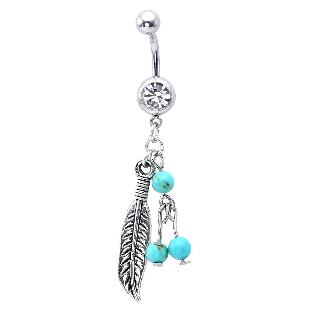 JSDDE Piercing,Edelstahl Bauchnabelpiercing mit Feder Anhänger und Türkis Perlen,Zirkonia Belly Ring Bauchnabel Piercing