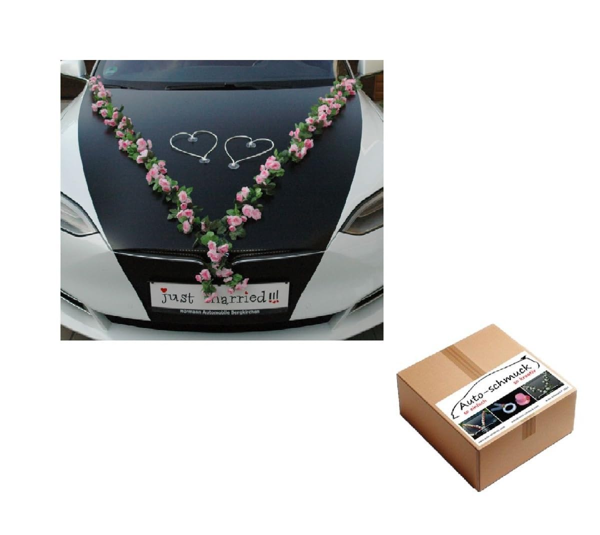 VIP Garland 30 Azaleas 30 Roses 18 Extra Strong Suction Cups 2 x 180 cm Garland 4 Door Handle Decorations 2 Rattan Hearts Bride Couple Car Decoration Wedding Car Wedding Car® Car Decoration (Pink 1)