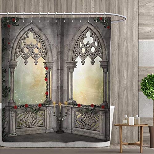 smallfly Gothic Custom Made Shower Curtain Vintage Style Ottoman Palace Balcony for Sultans with Red Rose Flowers Ivy Terrace Image Shower Curtains 3D Digital Printing 48"x84" Beige
