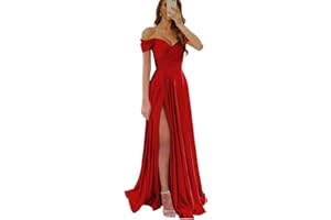 Wirunsy Women's Off The Shoulder Bridesmaid Dresses with Slit Satin Formal Gowns Long Prom Evening Party Dress with Pockets