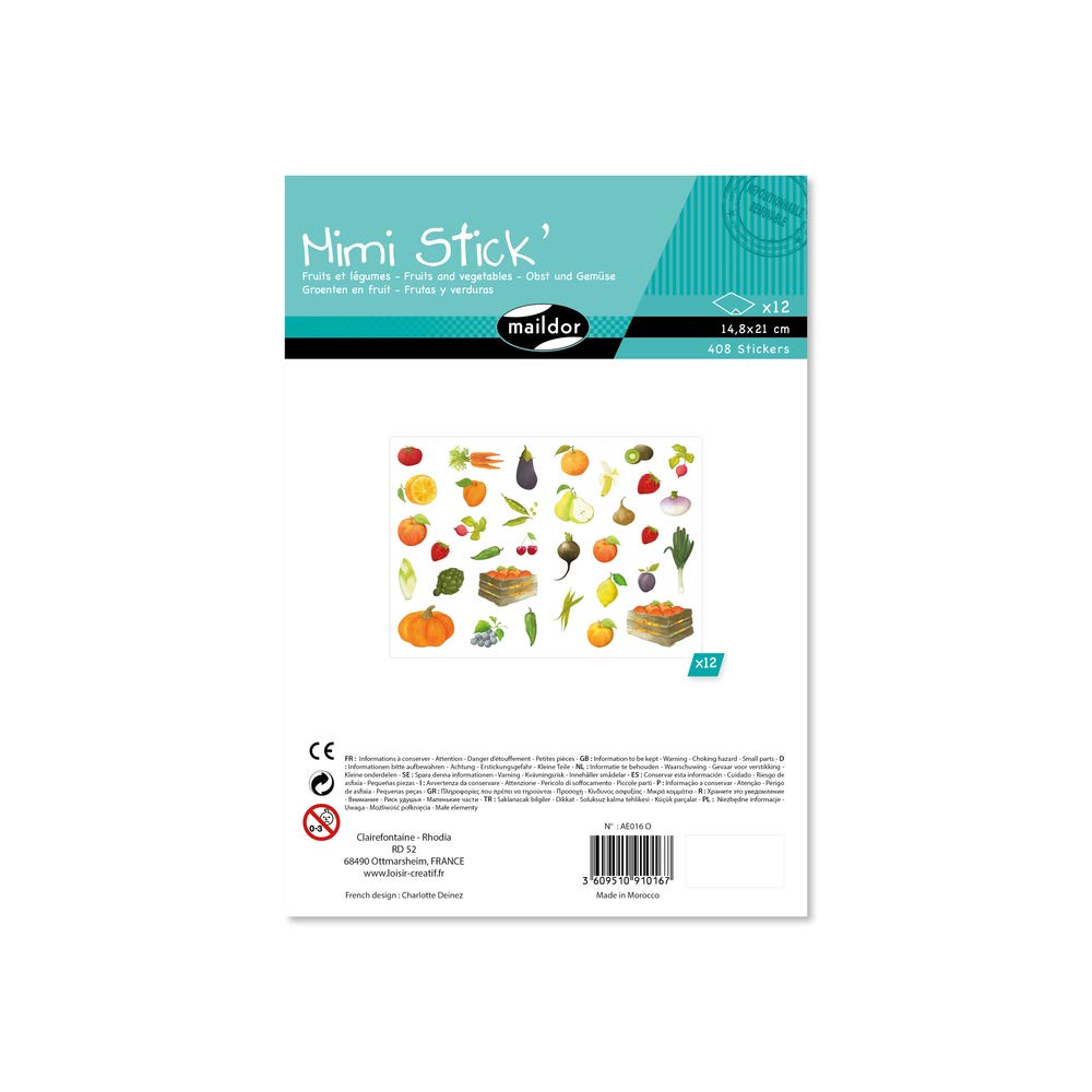 Maildor AE016O - Mimi'Stick STICKERS - Bumper Pack of 12 sheets - Dimensions: 21 cm x 16 cm - FRUITS AND VEGETABLES DESIGN (Approx. 408 stickers Included)