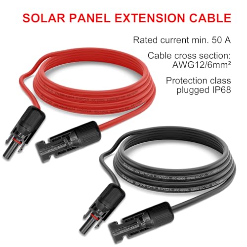 Solar Cable 6 mm²/4 mm², Solar Cable Extension 1/2/3/5/8/10/13/15 m, Solar Cable Extension Cable with Sockets and Plugs for Photovoltaic Solar Systems (Red/Black) 6 mm² 5 m