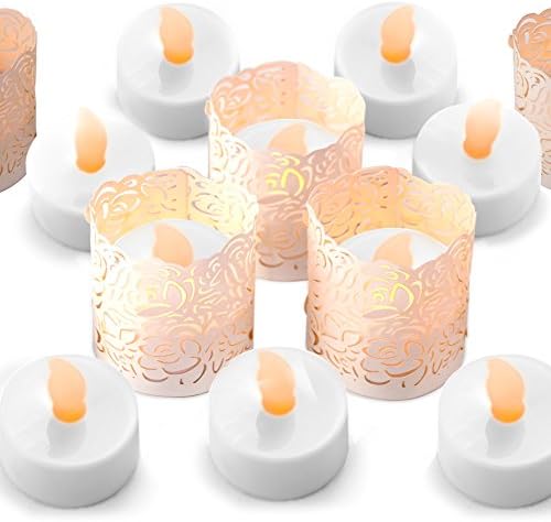 Frux Home and Yard 24 Flameless Flickering LED Tea Light Battery Operated Candles, Holders and White Decorative Votive Wraps Included
