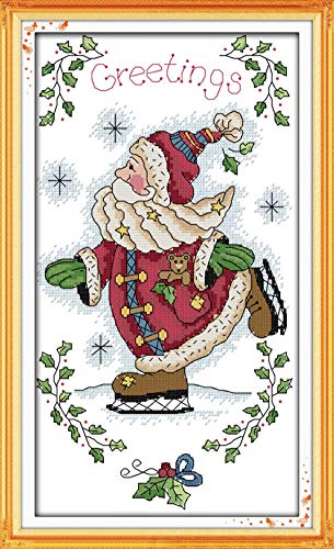 Cross Stitch Kits, Santa Claus Skating Christmas Awesocrafts Easy Patterns Cross Stitching Embroidery Kit Supplies Christmas Gifts, Stamped or Counted (Santa Claus, Counted)
