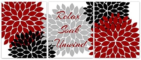 Relax Soak Unwind - Red, Black and Gray Bathroom Decor, Modern Bathroom Art, Set of 3 Bath Art Prints - BATH61