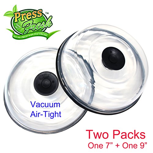 Press n Fresh Universal Vacuum Air-tight Food Sealer Container Plate Platter Lid Cover Topper Dome, Stackable, Safe for Microwave, Dishwasher and BPA Free (9 & 7, Black)