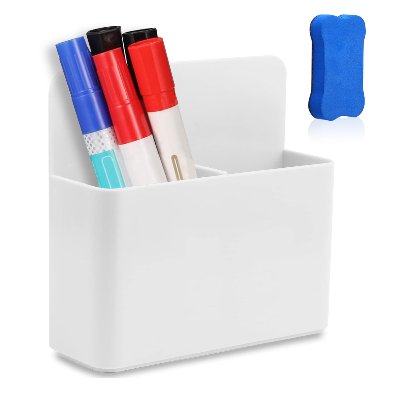 WHENZOO Large Capacity Pen Holder with Whiteboard Eraser, Adjustable Marker Holder Magnetic Wall Storage Box for Whiteboard Fridge Refrigerator Locker Office Home School (White)
