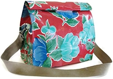 Oilcloth Storage Bag Handmade Doggie Bag Lunch Bag Snack Bag Red Floral Print and Shoulder Strap From Philly Artful Home