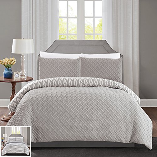 Chic Home 3 Piece Ora Heavy Embossed and Embroidered Quilted Geometrical Pattern Reversible Printed Queen Comforter Set, Silver