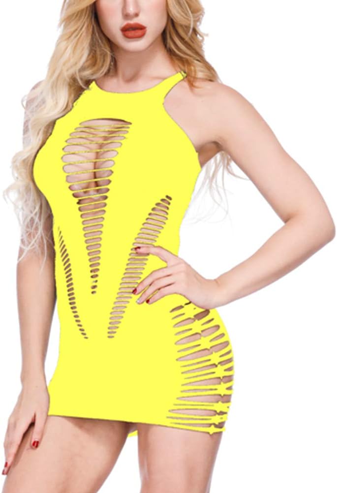 BECHARNY Women's Fishnet Lingerie V Pattern Strappy Hollow Out Bodystocking Mini Dress Stretchy Underwear Sleepwear Chemises (Yellow 01)