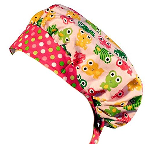 Sparkling Earth Designer Bouffant Medical Scrub Cap - Tossed Frogs on Pink
