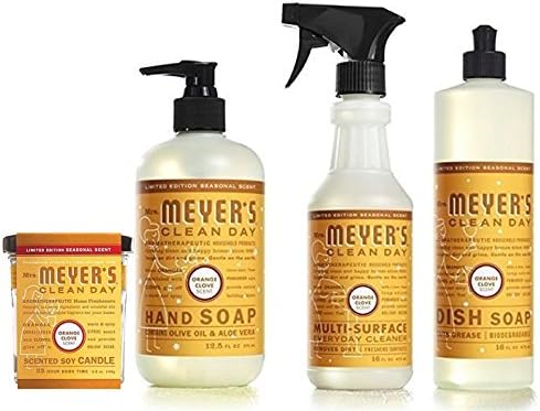 Mrs. Meyers Orange Clove Set : Bundle Contains (1) Orange Clove Scented Candle, (1) Orange Clove Liquid Dish Soap, (1) Orange Clove Multi-Surface Cleaner and(1) Orange Clove Liquid Hand Soap.