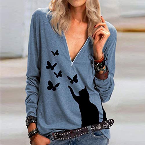 Feaslard Shirt met lange mouwen voor dames, V-hals, kat, vlinderpatroon, met ritssluiting, casual, slim bovenstuk… - Image 3