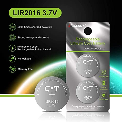 2 Pack LIR2016 Rechargeable Batteries with CTENERGY USB Lithium Coin