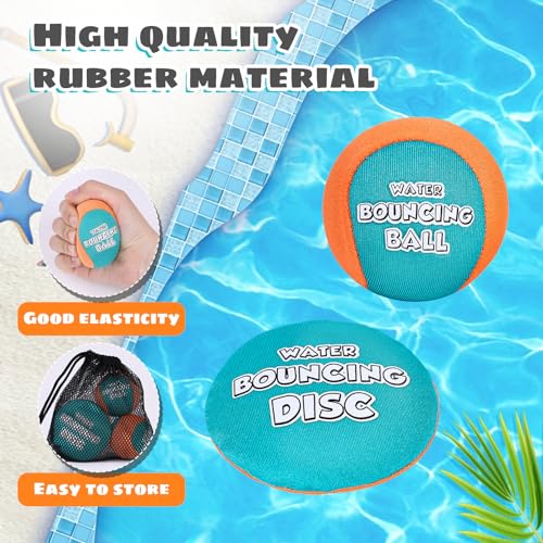 Shindel 2PCS Skip Balls with Skip Disc and Storage Bag, Water Skip Balls Blue Orange Water Bouncing Balls for Swimming Pool Beach Toys Great for All Ages